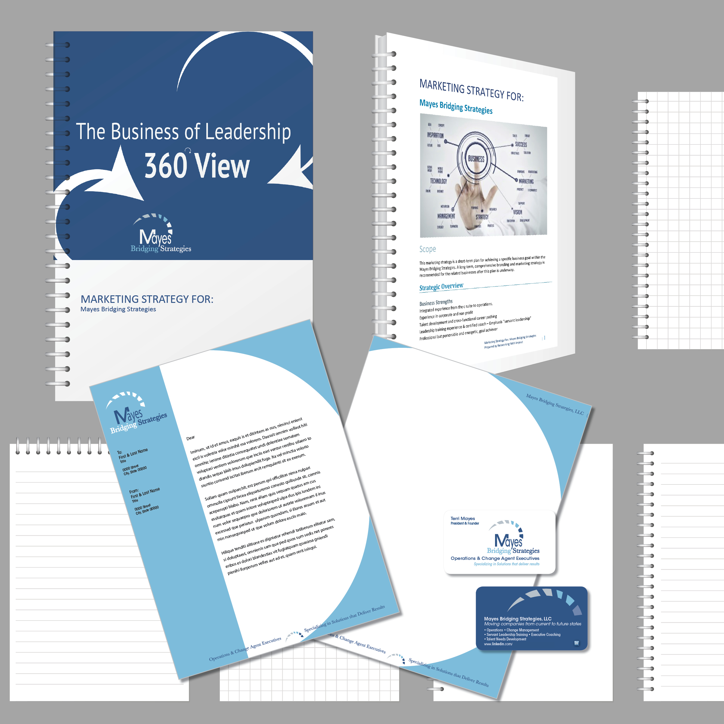 Example of Client Marketing & Sales Plan, Letterhead, and business card, created with new branded elements.