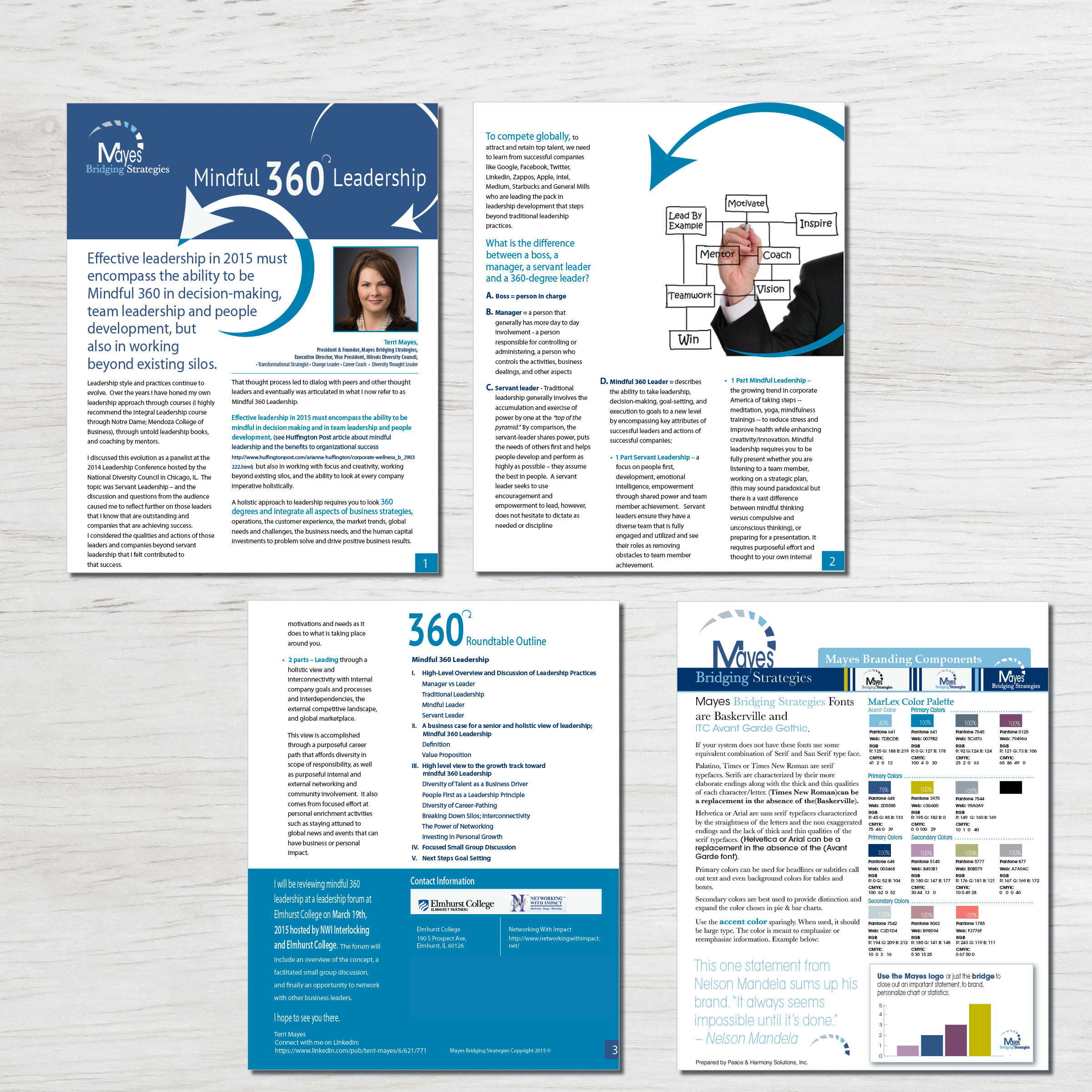 Client Work Product: Three-page service overview for "360-Degree Mindful Leadership" and brand standards document.